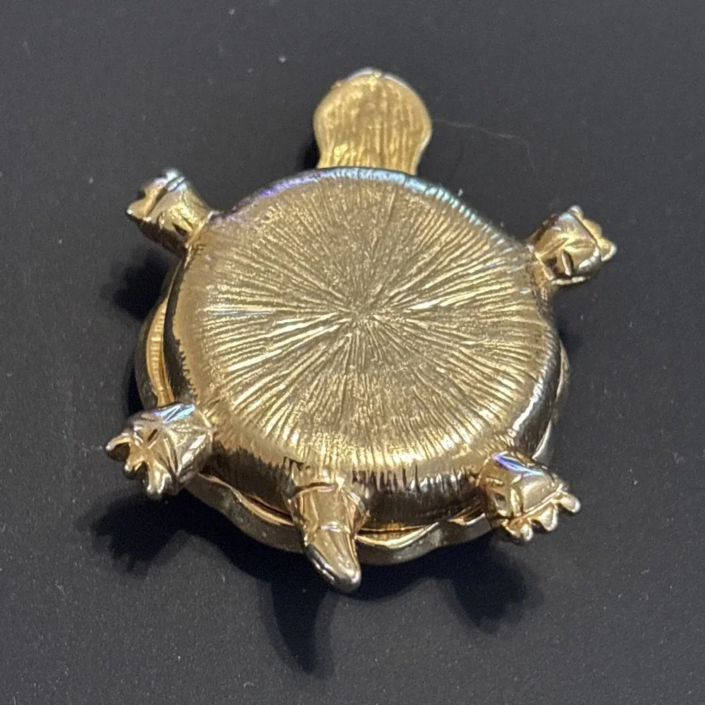 Vintage Gold Tone Turtle Trinket Box - Magnetic Shell Locket Pill Box Compact